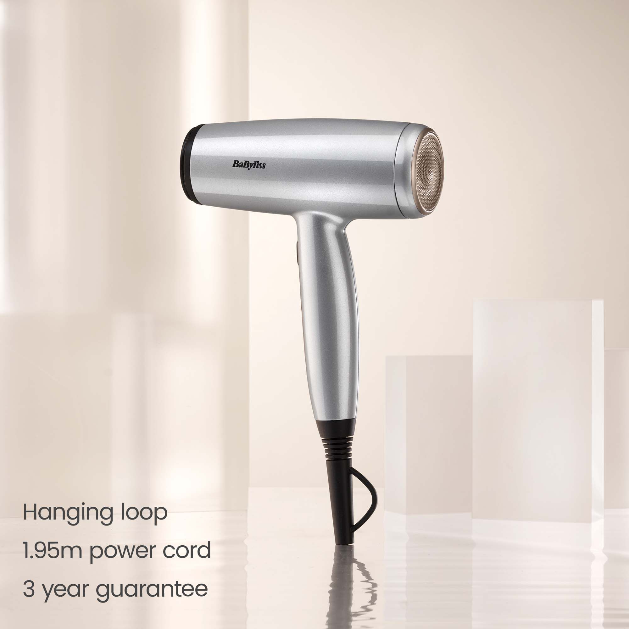 Hanging loop. 1.95m power cord. 3 year guarantee.